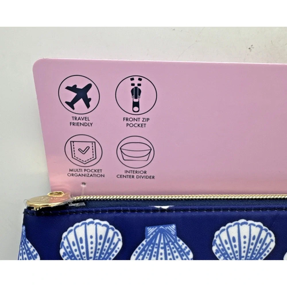Dabney Lee XL Double Zip Pouch Navy Blue Seashell Travel Organizer Pouch NEW